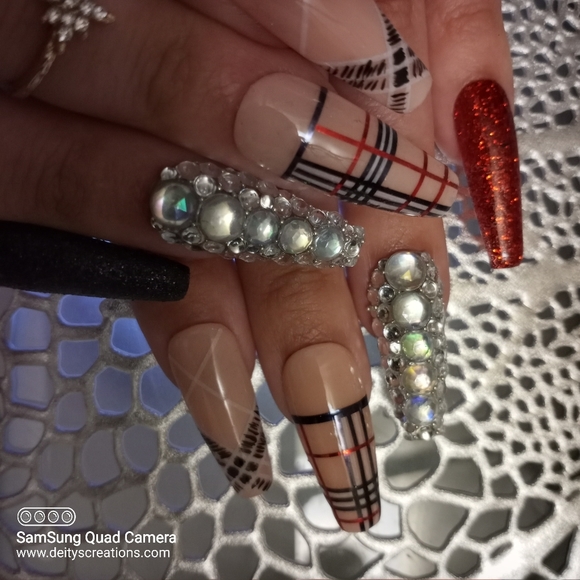 Nude red n black tartan/plaid and bling/ luxury acrylic press on nails pPN123 - Picture 1 of 4